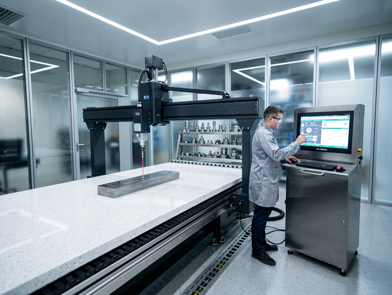 Bridge CMM automated coordinate measurement verifying wear part dimensions