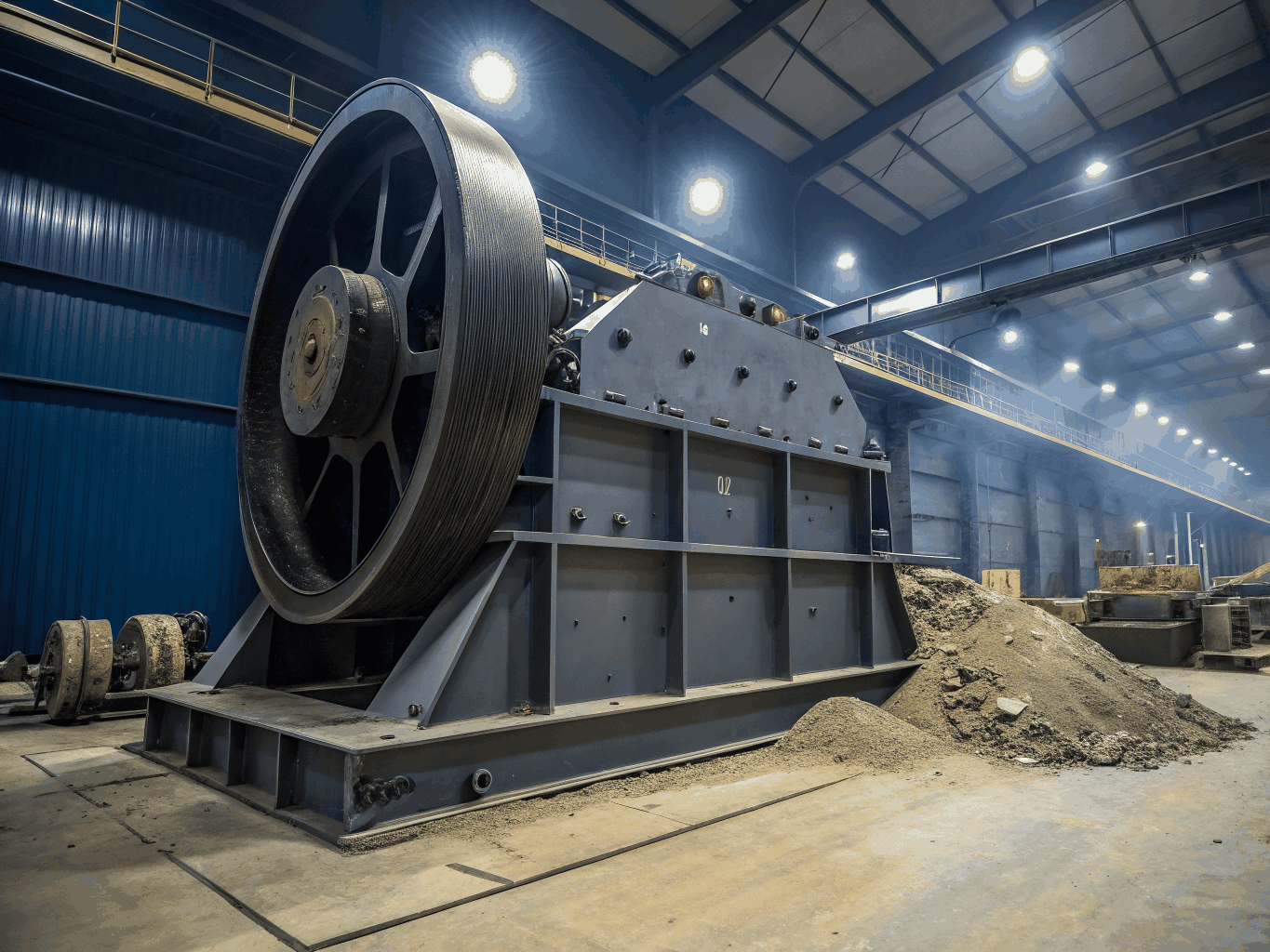 Heavy crusher equipment and wear parts manufacturing line on industrial factory floor