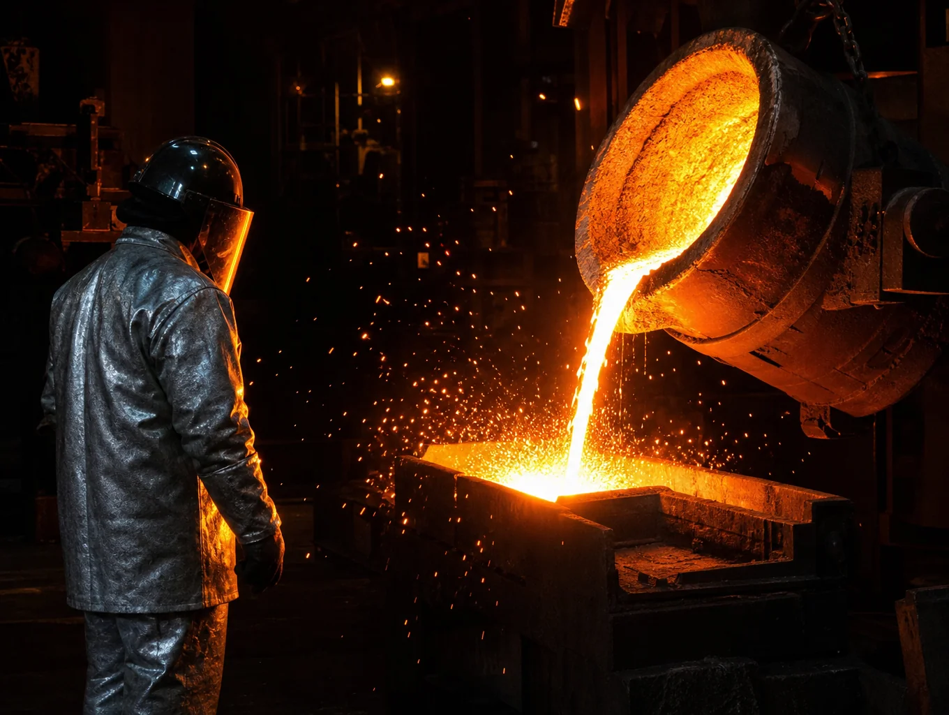 Medium frequency induction melting furnace pouring molten alloy steel at Shandong foundry