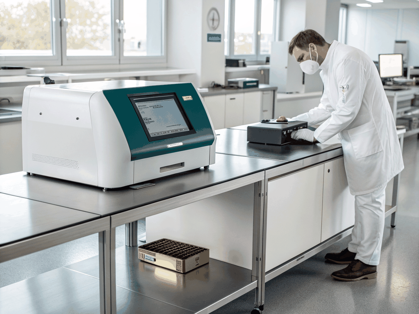 Foundry technician operating optical emission spectrometer in metallurgical lab